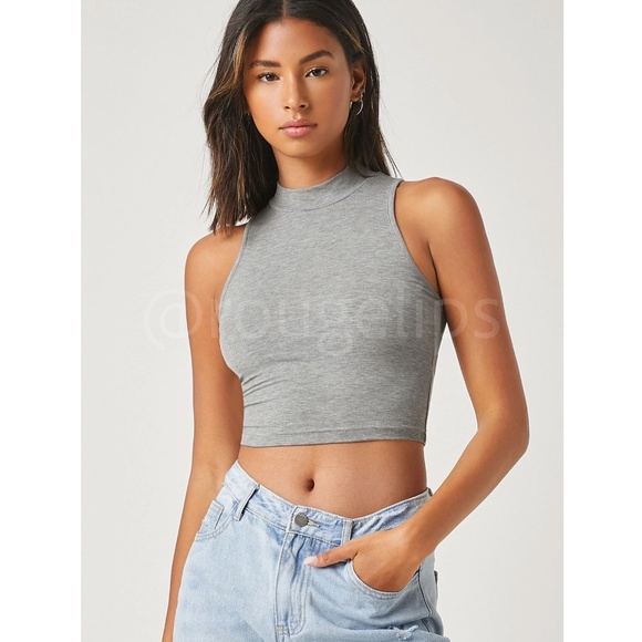 High Neck Grey Crop Tank Top - Picture 6 of 7